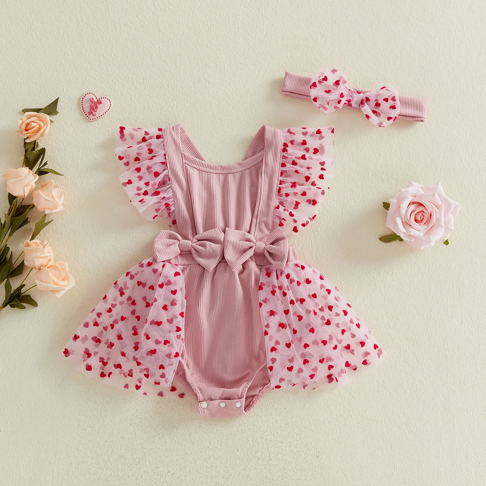Adorable Baby Girl  Ruffle Sleeve Heart Print Bodysuit with Matching Headband Set for Valentine s Day Outfit