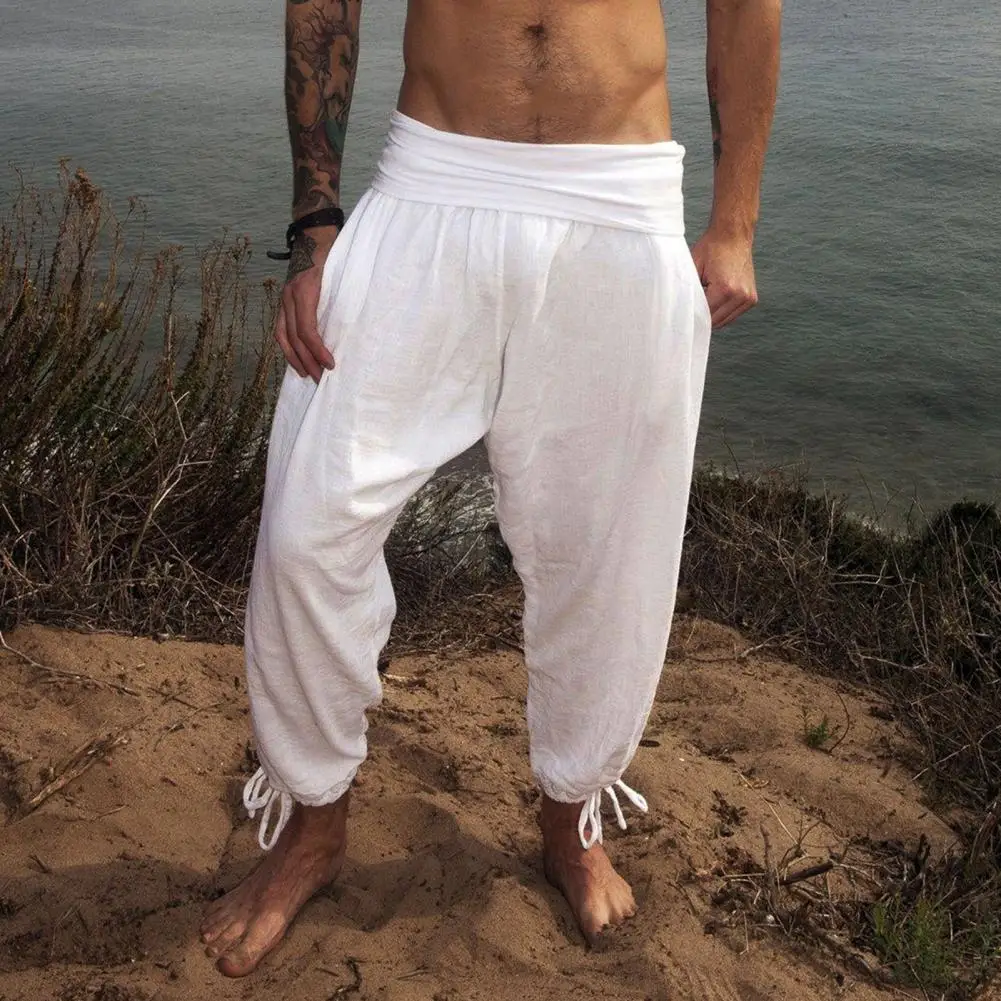 Solid Color Pants Men Pants Vintage Solid Color Men's with Wide Waistband Ankle-banded Design Breathable Soft for Beach