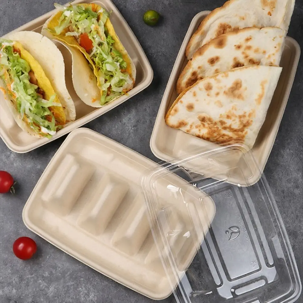 50Pcs 3 Compartments Disposable Taco Plates Biodegradable Pulp Taco Holder Stackable with Lid Taco Serving Tray School