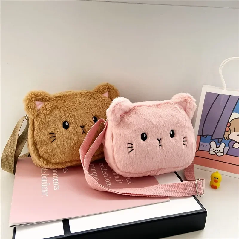 

Cartoon Cat Baby Girls Crossbody Bags Cute Soft Plush Children's Shoulder Bag Winter Fashion Boys Kids Furry Handbags Coin Purse