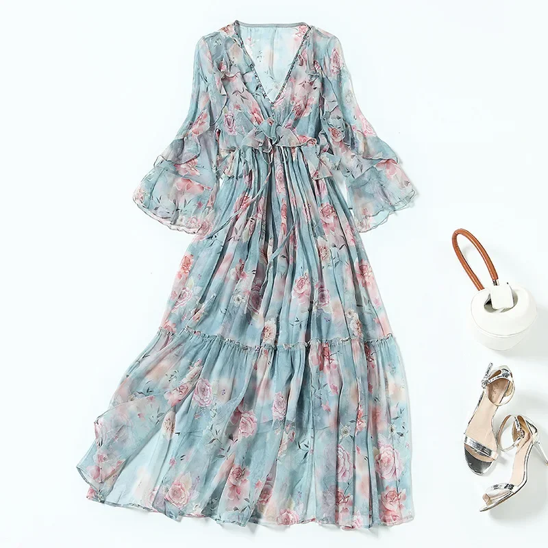 

High Quality 100% Silk Dress Female Floral Midi Woman Dress Vintage Sundresses For Women Summer 2024 Vestido De Mujer Pph4311