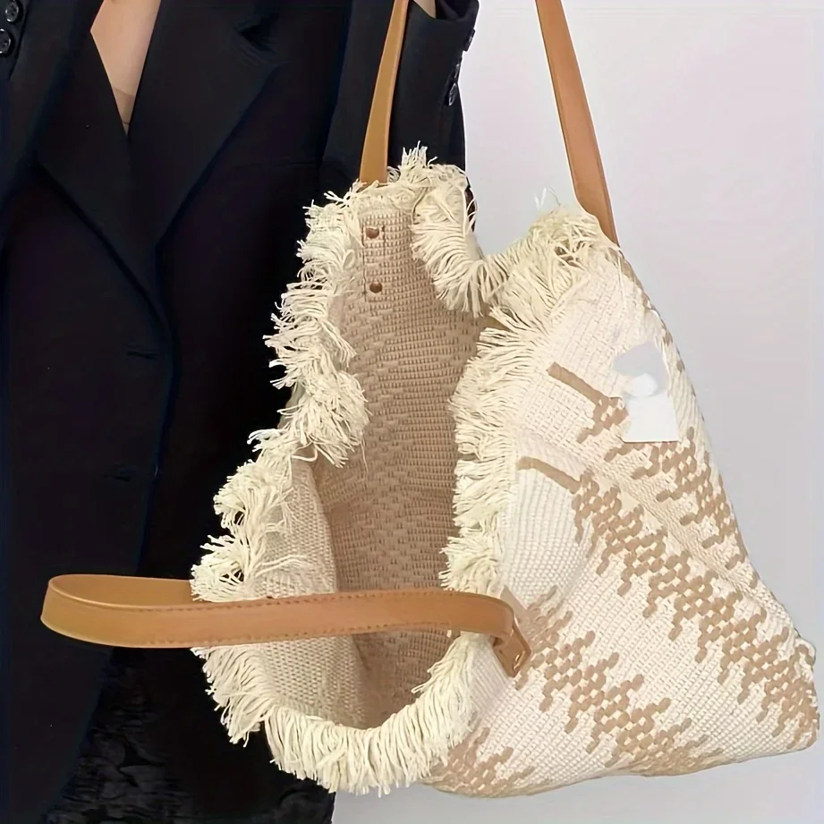 Chic Striped Canvas Tote Bag with Fringe Detail - Spacious Shoulder Handbag for Beach & Shopping, Machine Washable