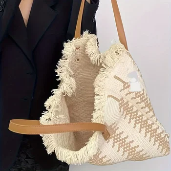 حقيبة حمل قماشية مخططة أنيقة مع تفاصيل هامشية - حقيبة كتف واسعة للشاطئ والتسوق، قابلة للغسل في الغسالة 6