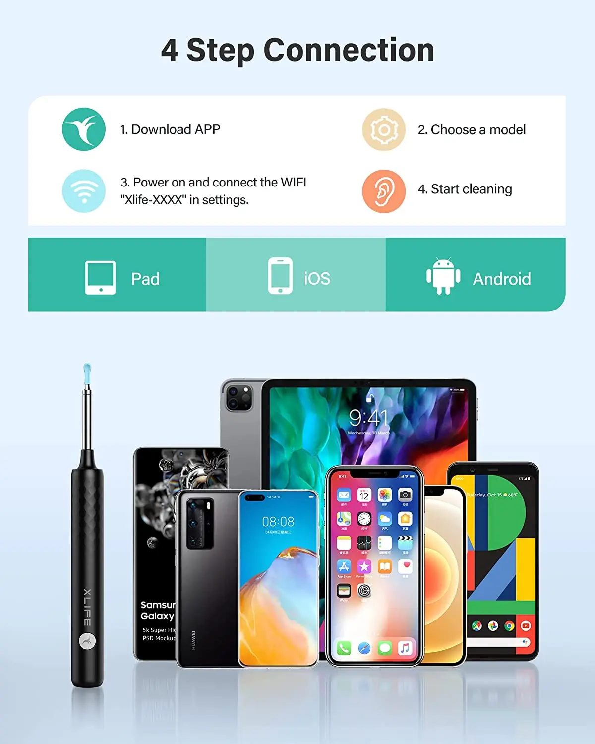 Xlife Earwax Removal Removal Tool with 6 LED Lights, 1080p FHD Camera Ear Cleaner Ear Camera with A Intelligent Gyroscope 6