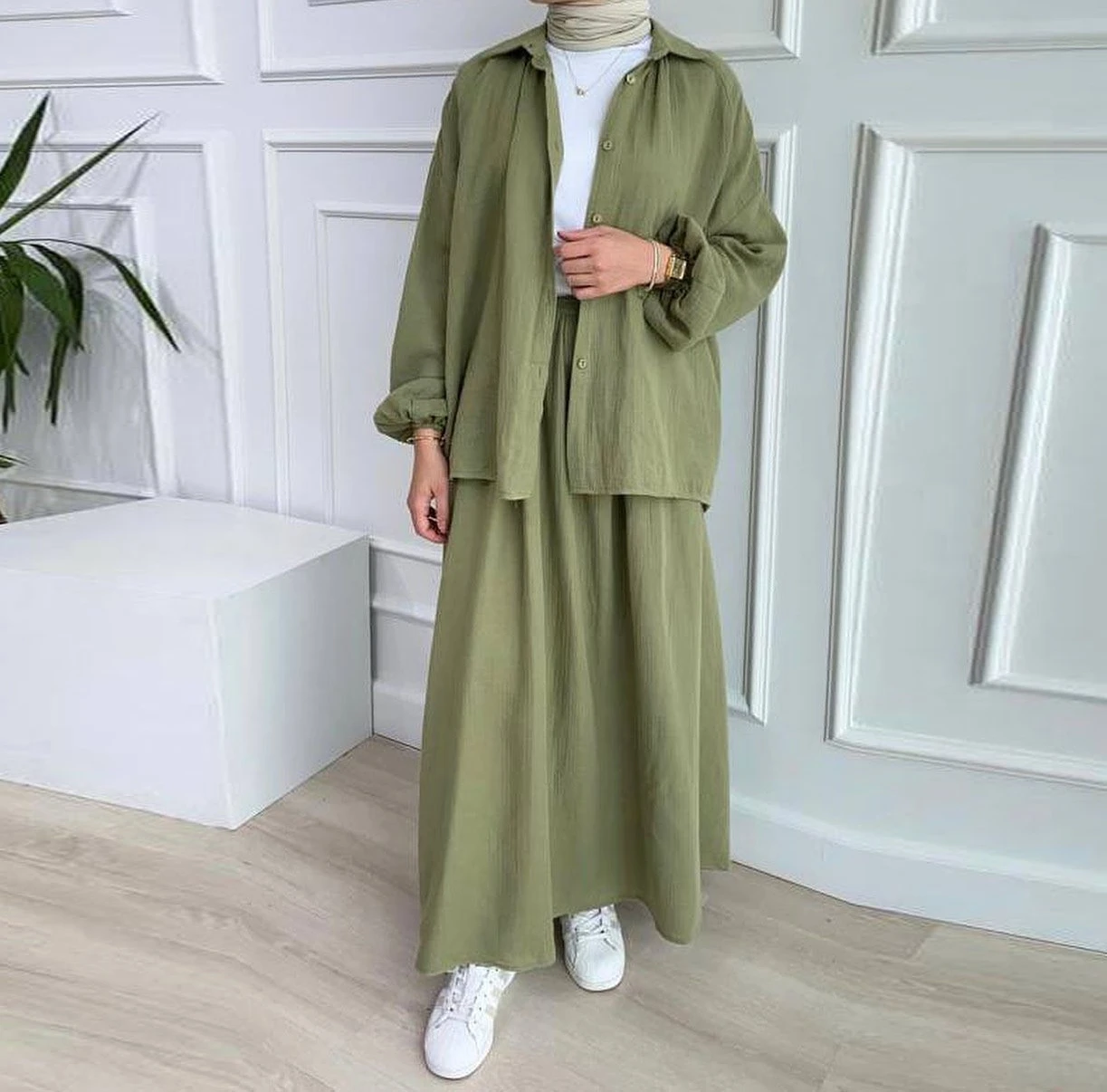 무슬림 원피스 여성용 투피스 세트, 여성 복장, 버블 슬리브, 우아한 셔츠 스커트, 패션 캐주얼 세트, 2024 용수철 가을 패션 