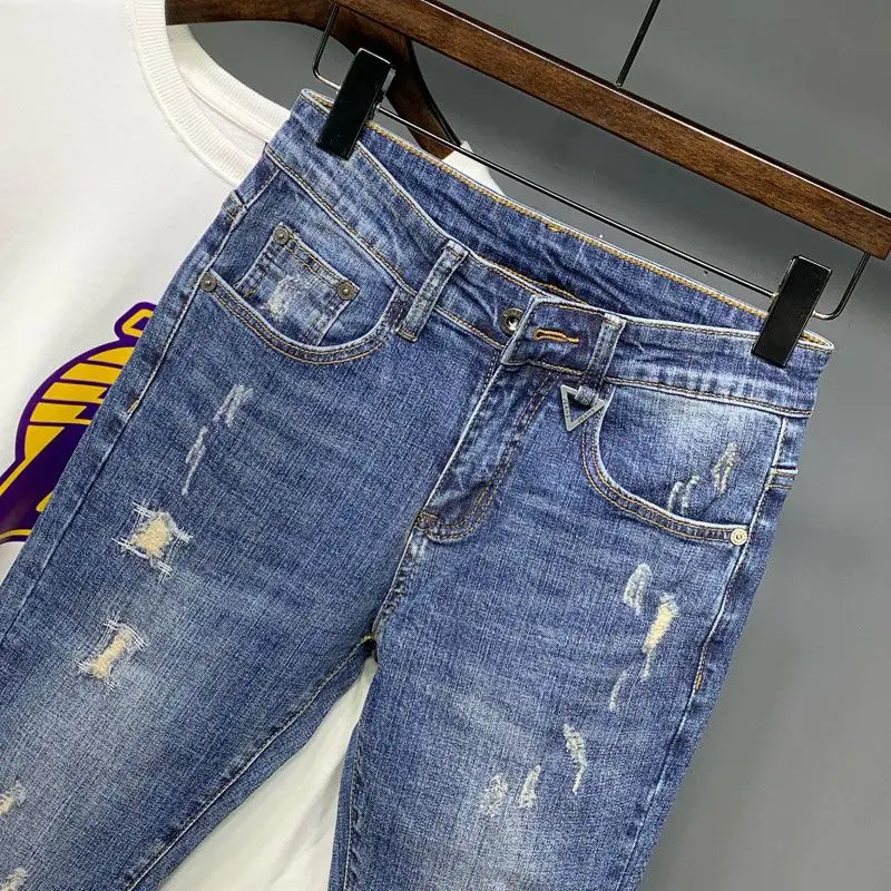New Korean Trendy Men's Distressed Denim Casual Pencil Pants Spring and Autumn Blue Jeans Washed Luxury Cowboy Streetwear Pants