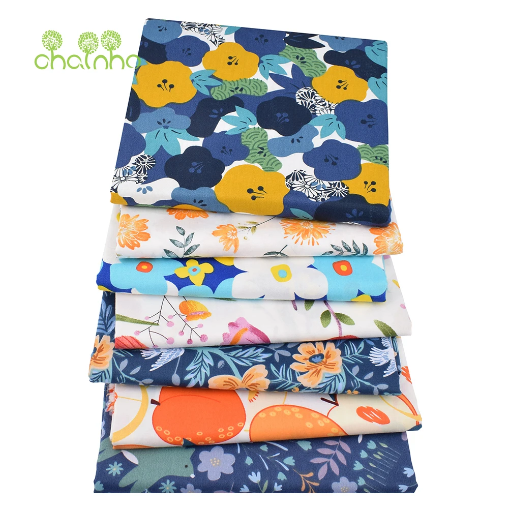Chainho,Printed Twill Weave Cotton Fabric,DIY Sewing Quilting Material,Patchwork Cloth,7 Designs Flower Series,2 Sizes,15C368
