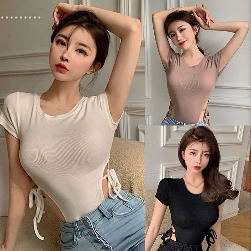 

Women O Neck Bodysuit Tops Hollowed Out Slim Short Sleeves Basic Jumpsuit