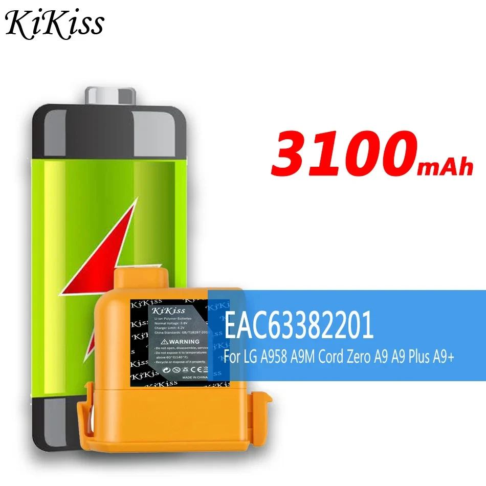 

3100mAh KiKiss Battery EAC63382201 For LG A9PETNBED2X A9PETNBED A9MULTI A958 A9M Cord Zero A9 Plus A9Plus A9+ Replace Bateria