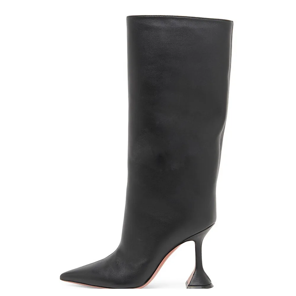 

Wineglasses High Heels Shoes for Women Pointed Toe Ladies Long Calf Boots Side Zippers Tacones Female Botas Solid Chassure Femme