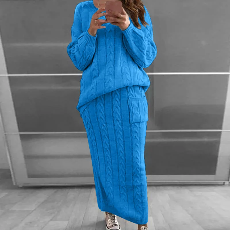 

Women's fashion solid color Fried Dough Twists knitwear sweater skirt suit women's two-piece set