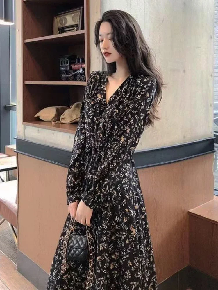 

Женское винтажное платье с длинным рукавом, офисное платье с V-образным вырезом и высокой талией, одежда для улицы, лето 2023