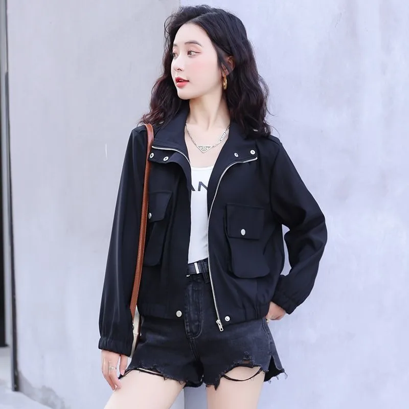 2024 Spring New Women Loose All-Matching Short Jacket Retro Solid Color Stand Collar Fashion Outwear Korean Style Casual Outcoat