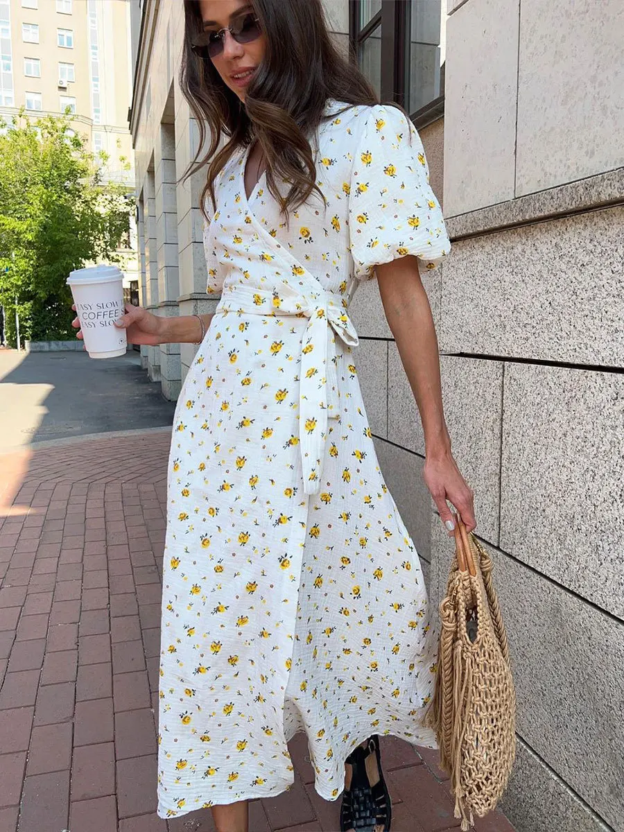 Women's Loose Fit Cotton Blend Maxi Dress with V-Neck & Short Sleeves S0e470a271975446b9e68881dca644a2cf