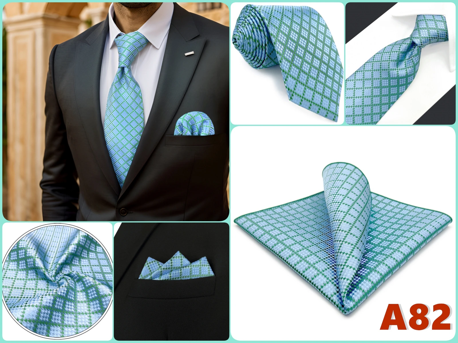 Extra Langes Herren-Krawatten- und Einstecktuch-Set, Kariertes Paisley-Muster, Blau, Braun, Silber, Grün, Geschenk, XL, Formelle Hochzeitskrawatten – Detail 11