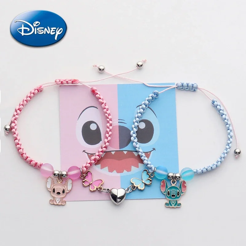 

A Pair Disney Stitch Angel Magnetic Attraction Woven Bracelet Cartoon Lovers Wristband Jewelry Pendant Accessories Friend Gifts