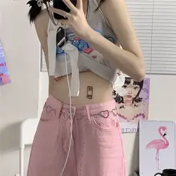 Calças de brim cor de rosa baggy mulheres kawaii coreano moda oversize baixo aumento perna larga calças de brim streetwear calças soltas alt
