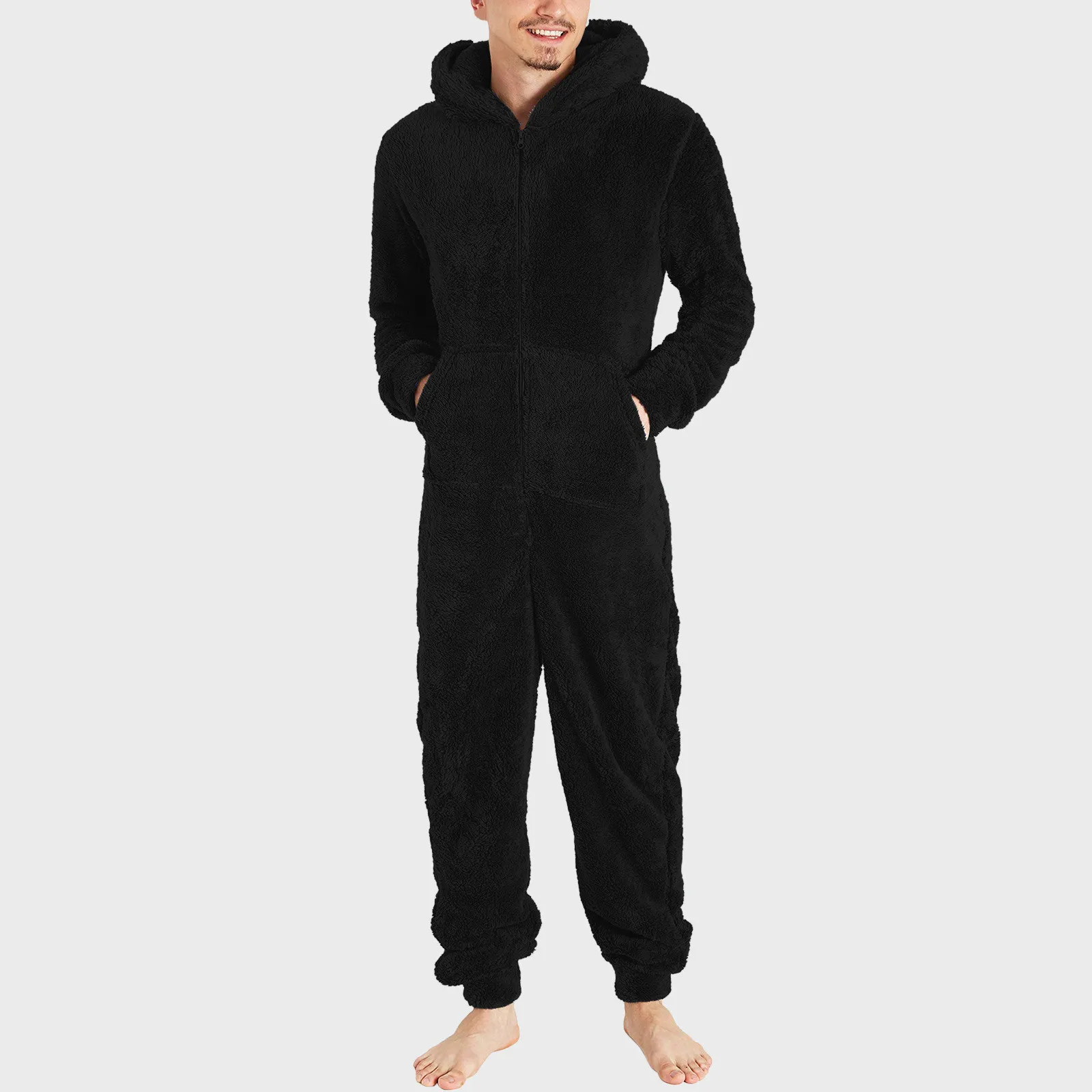 Mens Fluffy Jumpsuit Pajama Autumn Winter Fleece Thermal Solid Color Hooded Onesies Loose Zipper Soft Sleepwear Overalls Male