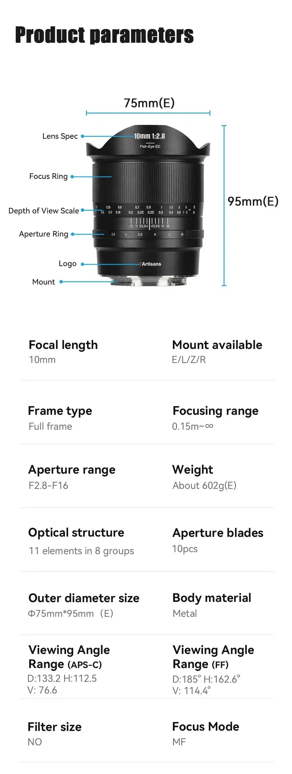 7artisans 10mm F2.8 II Full Frame Camera Lens Ultra Wide Angle 185°Manual Focus