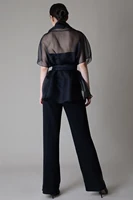 Organza Mesh Blouse for Women Stand Collar Lace-up See Through V-Neck VCasual Elegant Office Lady Half Sleeve Blouse Top - Image 3