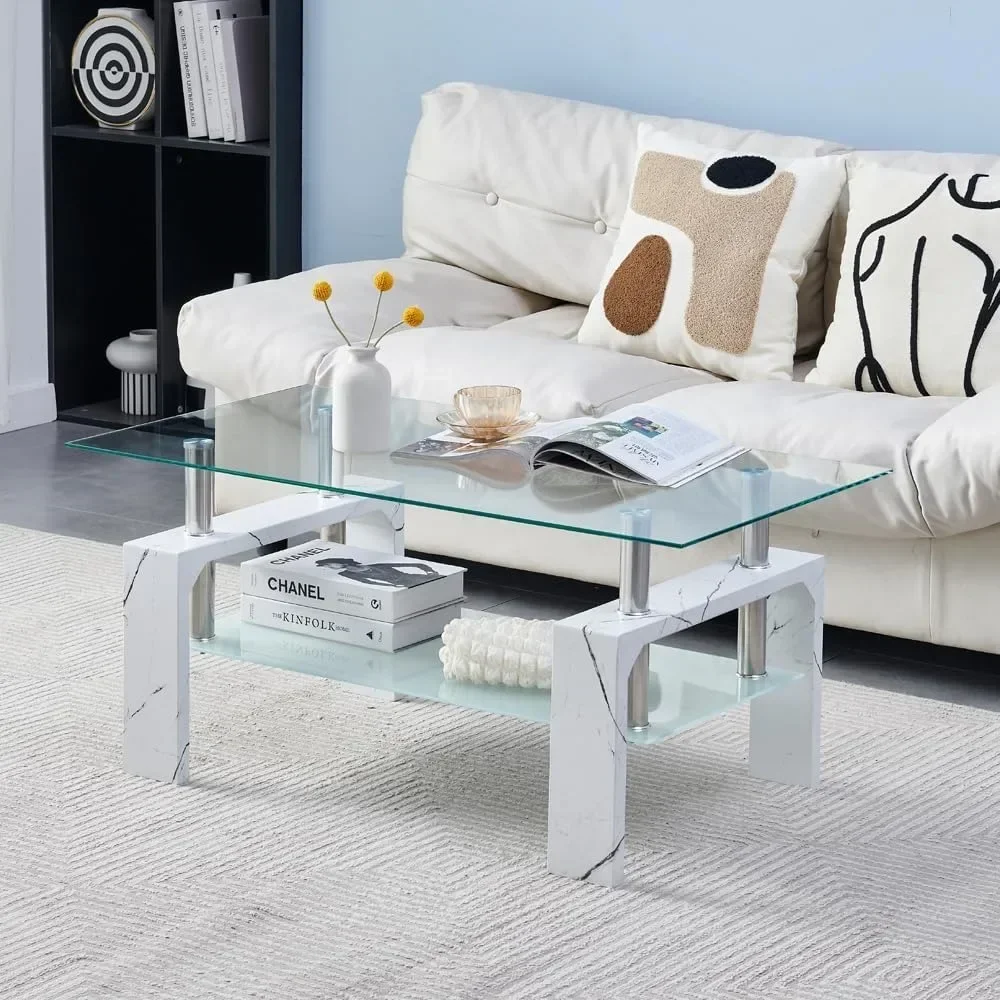

New 2024 Living Room Rectangle Coffee Table, Tea Table Suitable for Waiting Room, Modern Side Coffee Table with Wooden Leg,Glass
