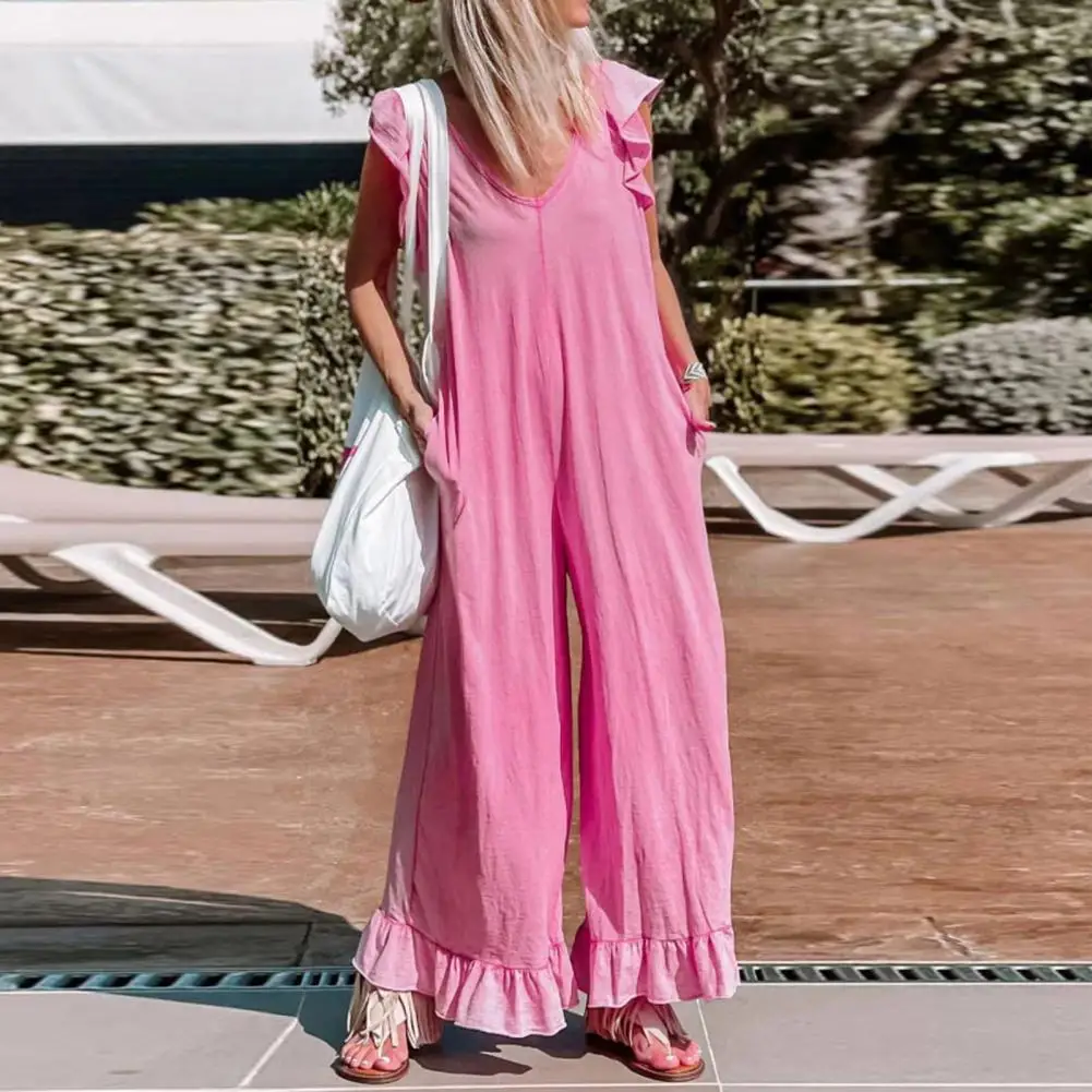 

V-neck Summer Women Loose Jumpsuit Sleeves Ruffle Stitching Trim Pockets Casual Wide Leg Solid Color Vacation Beach Playsuit