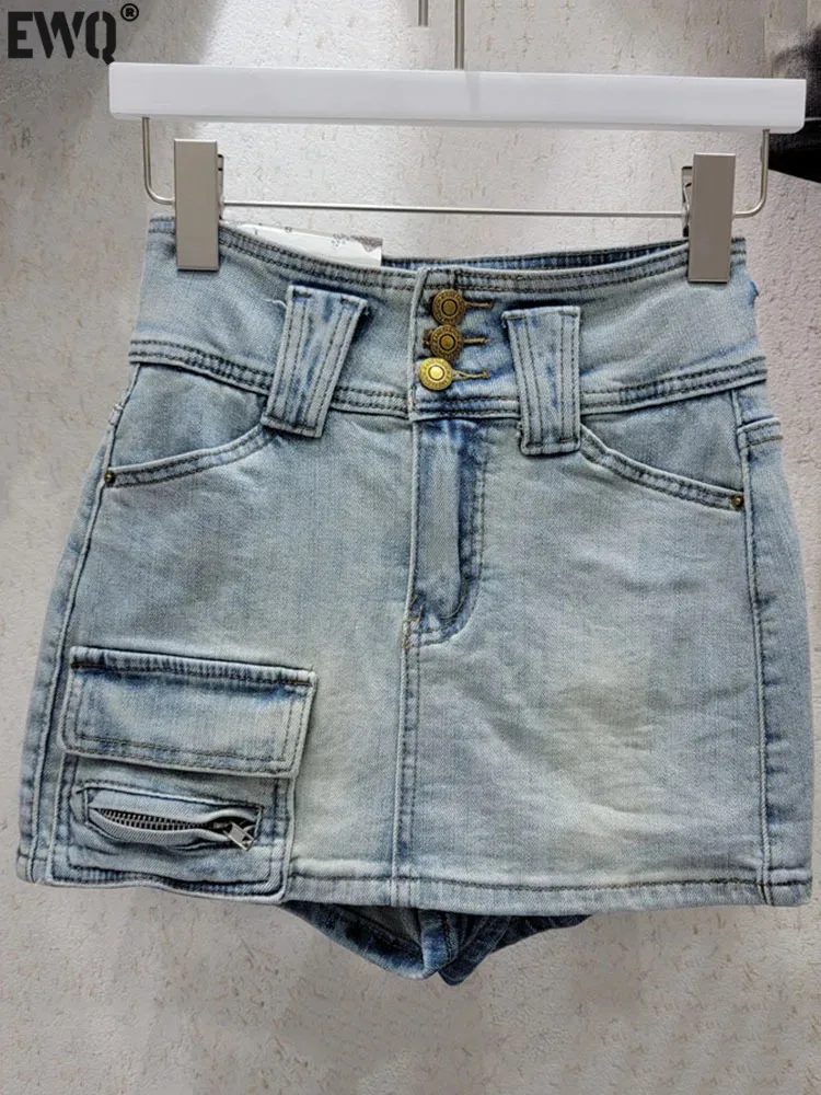 

[EWQ] Women's Fashion Multi Pockets Cowboy High Waist A-line Anti Shining Wrap Hip Short Half Skirt 2024 Spring Summer 16U8813