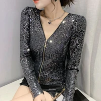 Sexy Club Women's Faion V-ne Zipper Open Cardigan Long Sve Top Glowing Design Commute Sle Korean Fit Creative Pattern