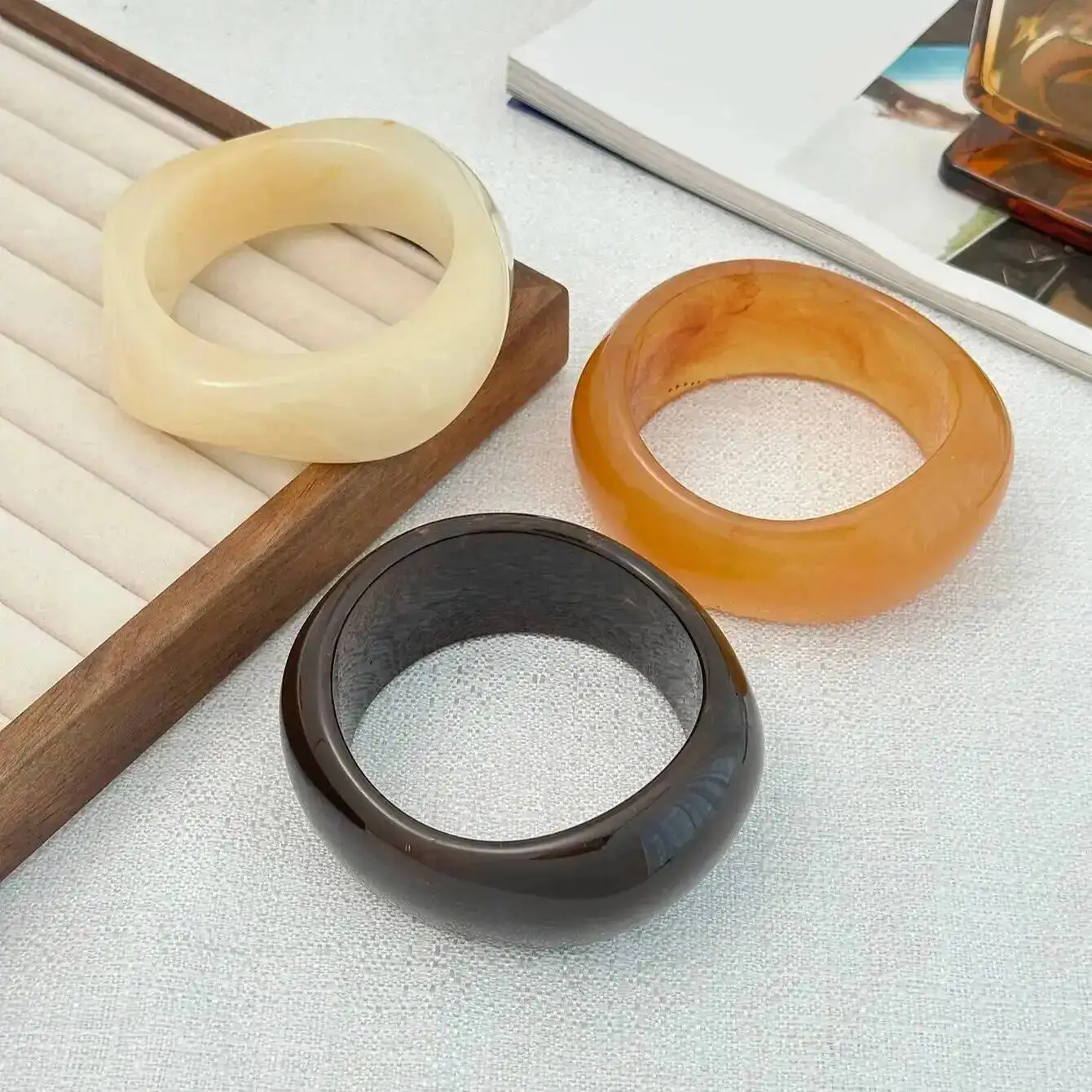 Lot De 3 Bracelets Larges En Résine Acrylique Pour Femme - Joncs Translucides Réglables, Style Vintage
