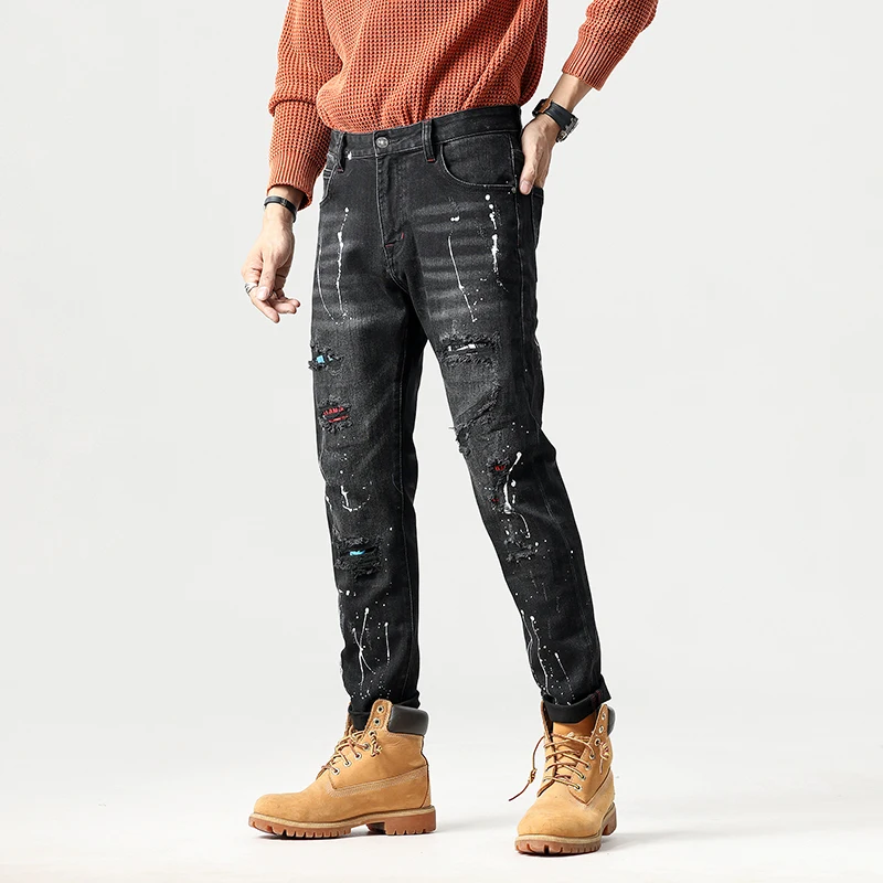 Paint Ripped Hole Personality Hip-hop Streetwear Male Clothing Slim Youth Denim TrousersPersonal Leisure Trousers