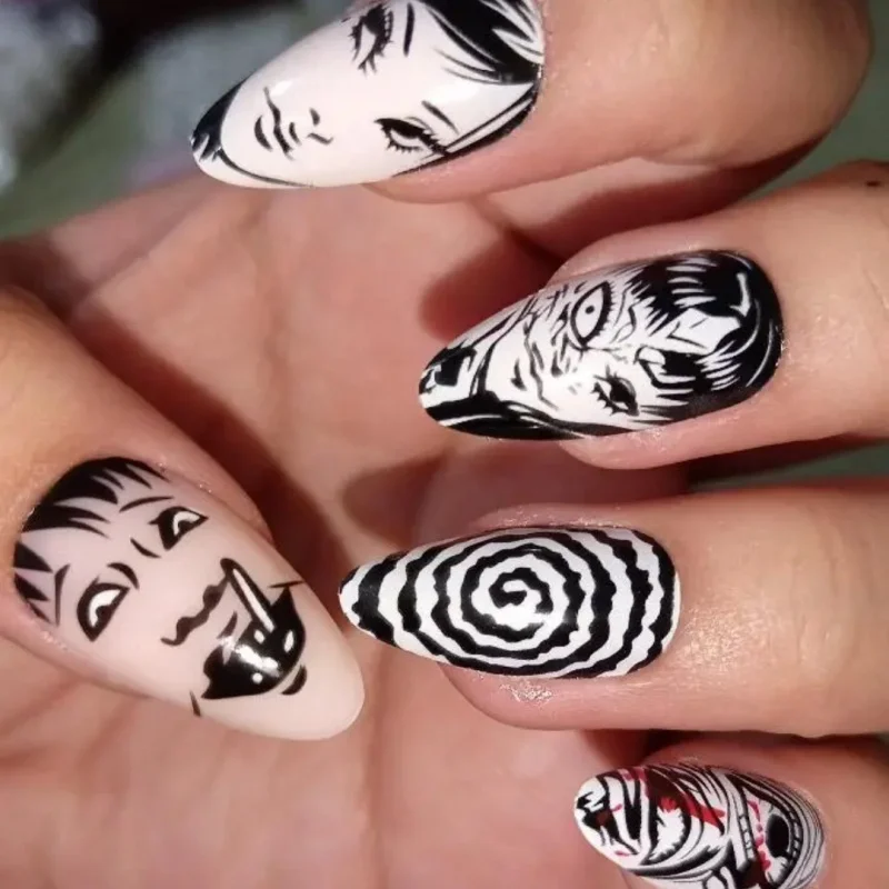 Fake nails 24Pcs Horror Comic Tomie Press on Nails Almond Glossy Black Japanese Anime Nails Reusable Halloween For Girls