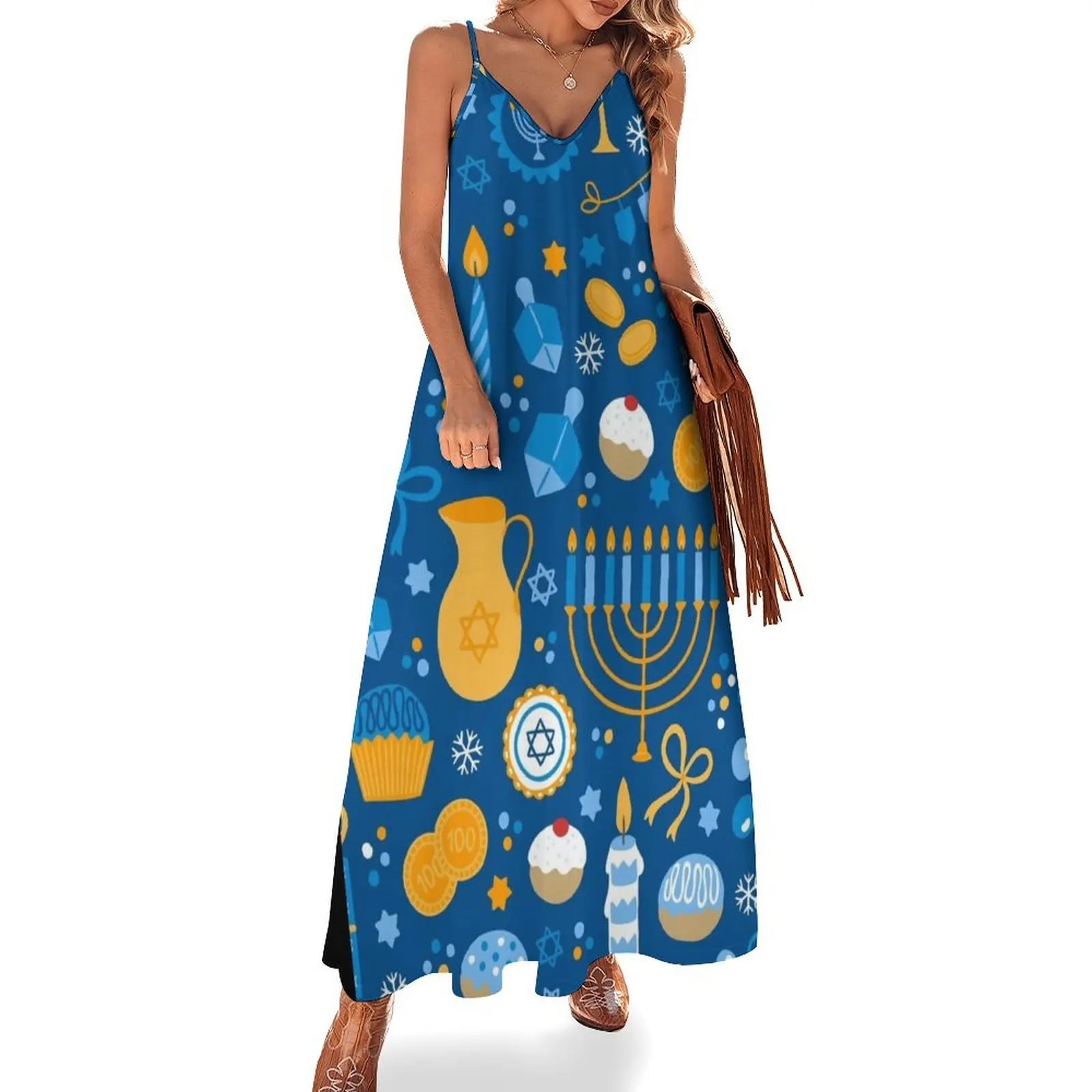 

Happy Hanukkah Pattern Sleeveless Dress Women's summer long dress beach outfits for women wedding dresses for parties