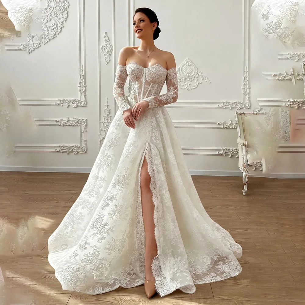 Popular Long Removeable Sleeves Sweethert Full Lace Bridal Grown Line Wedding  Dresses Side Slit Custom Made 2025 Rode De Morrie - AliExpress 320