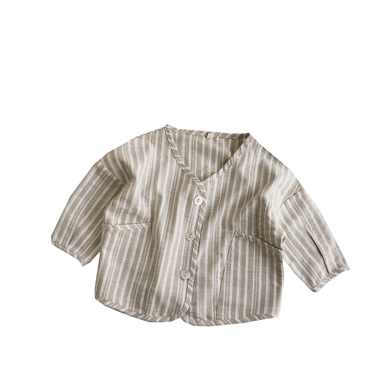 Spring Autumn Korean Kids Boys Coat Striped Cotton Linen Long Sleeve Loose Little Boys Cardigan Pocket Buttons Toddler Boy Coat 5