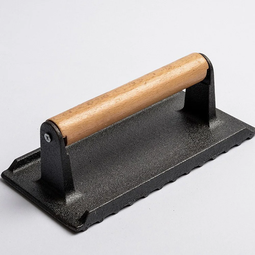 Cast Iron Flat Top Grill Hamburger Grinder with Wooden Handle Kitchen Heavy Flat Steak Weight/Bacon Press Hamburger Patty Maker