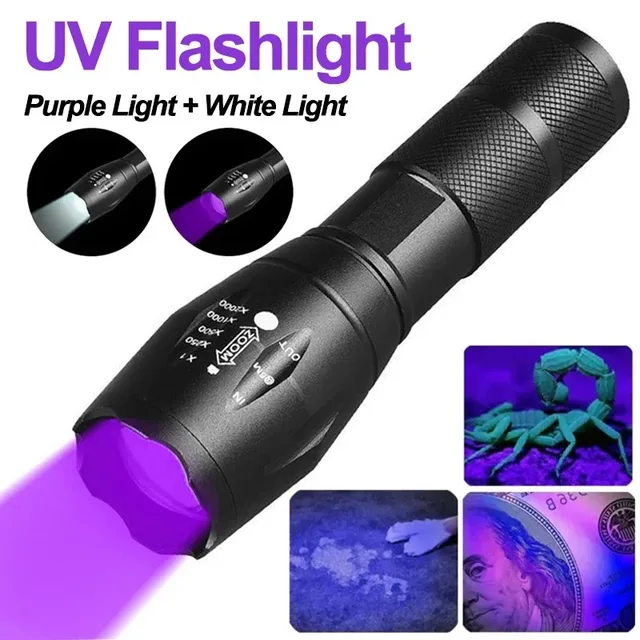 UV Flashlight Purple White Dual Light 395nm Ultraviolet Torch Zoom Flashlight Detection Lighting Lamp for Pet Stains Hunting