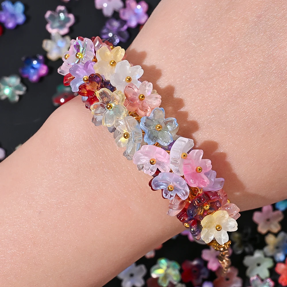50 Stück 11 mm bunte Glas-Kirschblüten-Perlen, gemischte Blumen, lose Distanzperlen für Schmuckherstellung, DIY-Armband, Halskette, Perlen – Detail 2