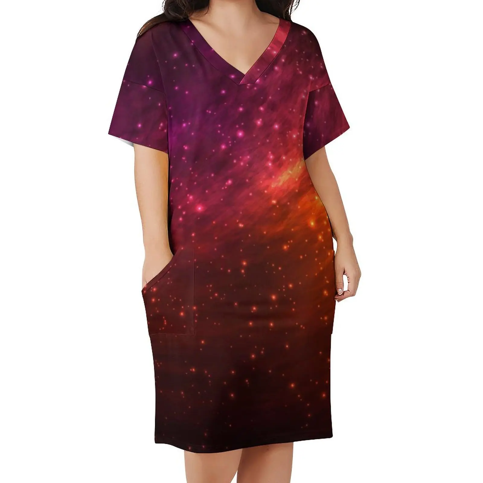 

Red Galaxy Casual Dress Female Colorful Cosmic Space Elegant Dresses Summer Short Sleeve Street Fashion Design Dress Big Size