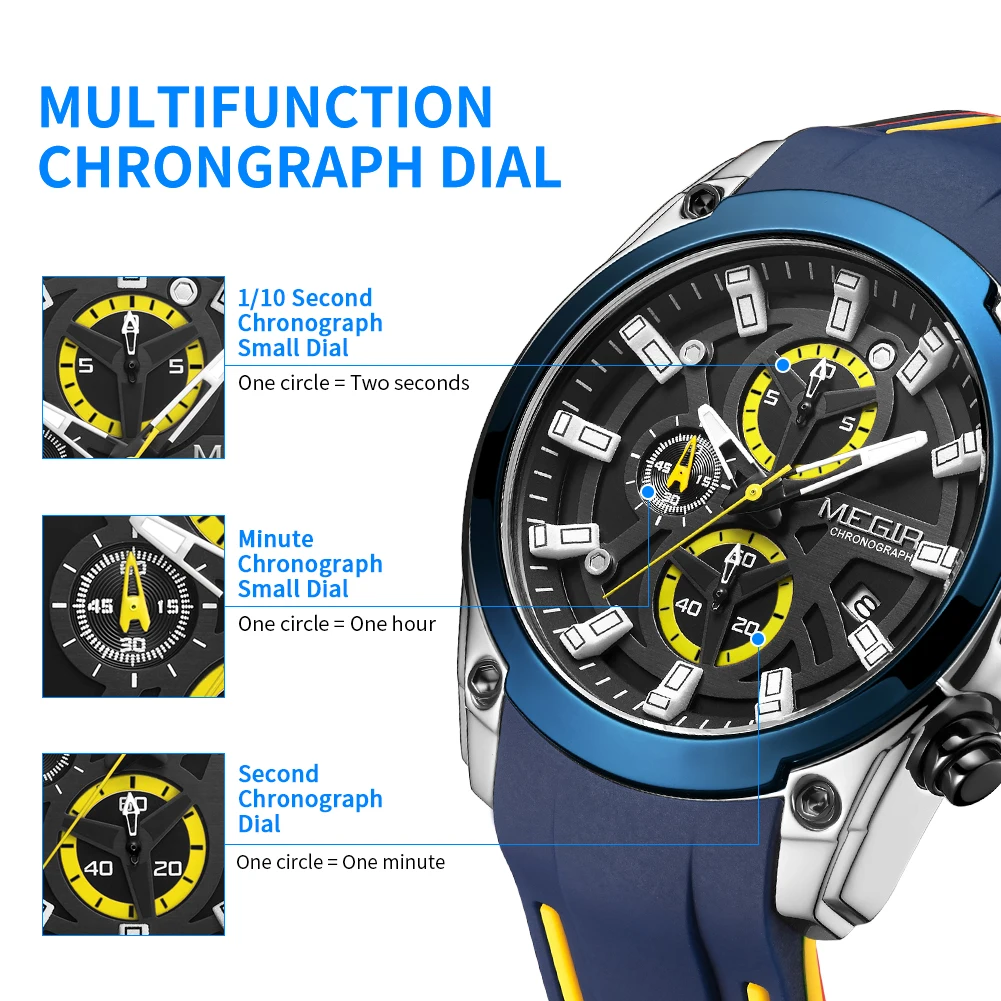 Luxury Chronograph Sport Watch for Men - Silicone Waterproof Large Dial Analog Quartz Wristwatch with Auto Date