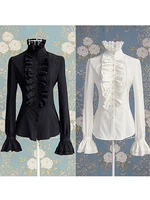 Mode victorienne femmes hauts volants à manches longues à volants couleur unie OL bureau chemise froufrous poignets col haut Blouse automne hauts 1
