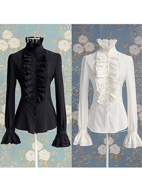 Mode victorienne femmes hauts volants à manches longues à volants couleur unie OL bureau chemise froufrous poignets col haut Blouse automne hauts 1