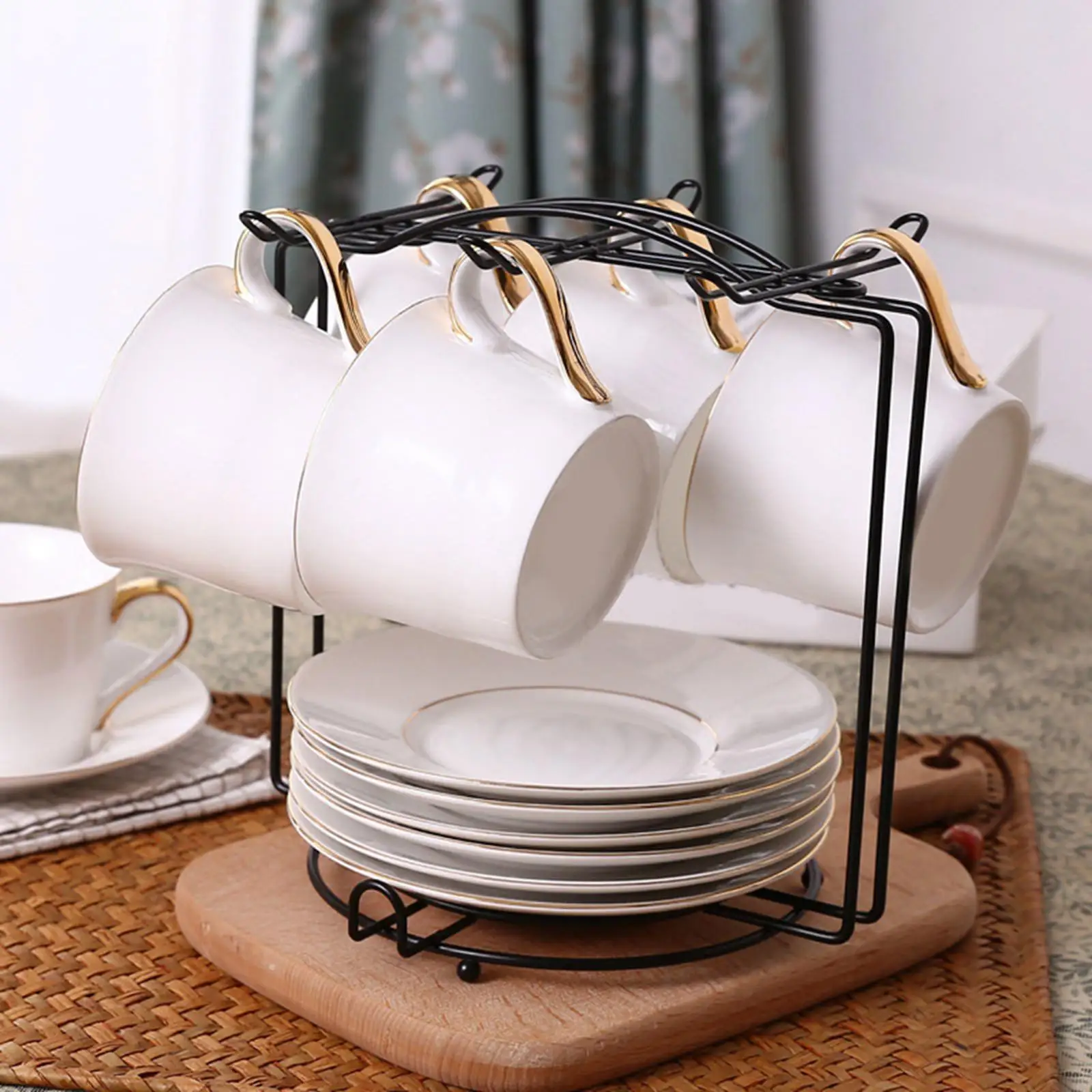 

Coffee Cup and Saucer Display Rack Hold 6 Coffee Cups and 6 Plates Kitchen Draining Rack Durable Modern Mug Stand for Countertop