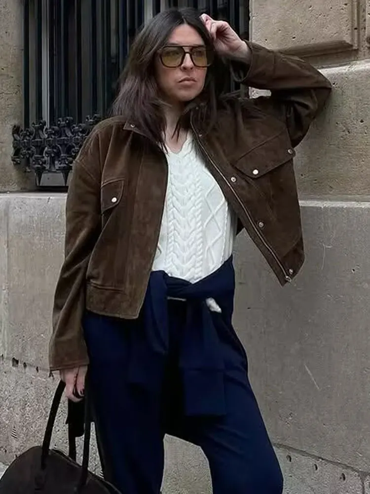 HH Women Vintage Solid Suede Coat Turtleneck Long Sleeve Zipper Bomber Jacket Outerwears Autumn Casual Female Streetwear