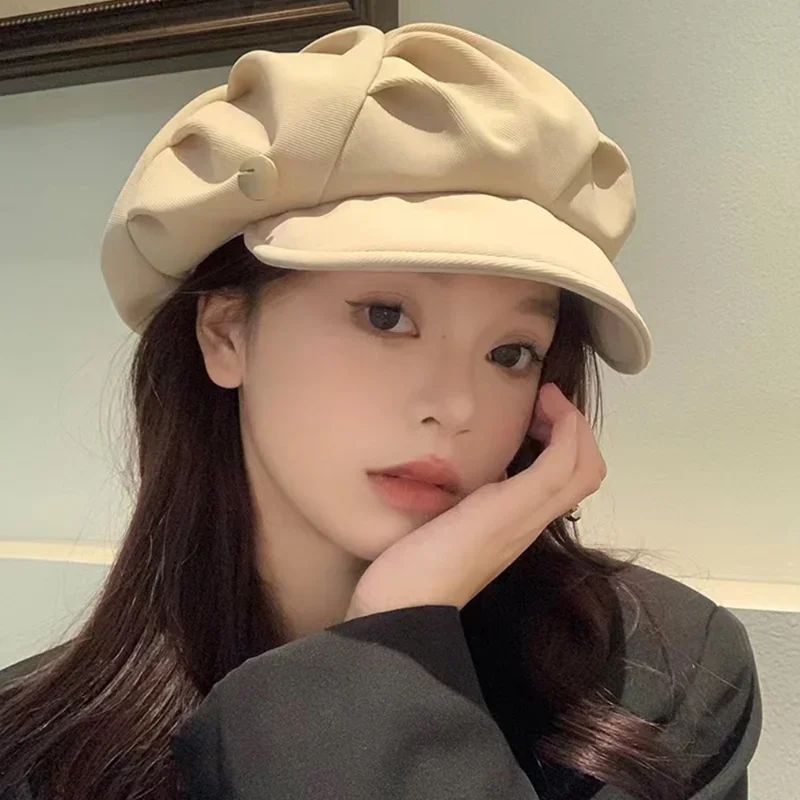 여성용 빈티지 코튼 베레모 모자, 단색 플리츠 베레모 모자, 팔각형 모자, 부드러운 베레모, 화가 모자, 가을 겨울