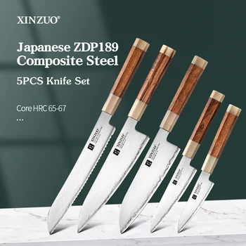 XINZUO 5PCS Knives Set Composite Steel Household Kitchen Knife Set Chopping Vegetable Slicing Meat Durable Kitchen Utensils