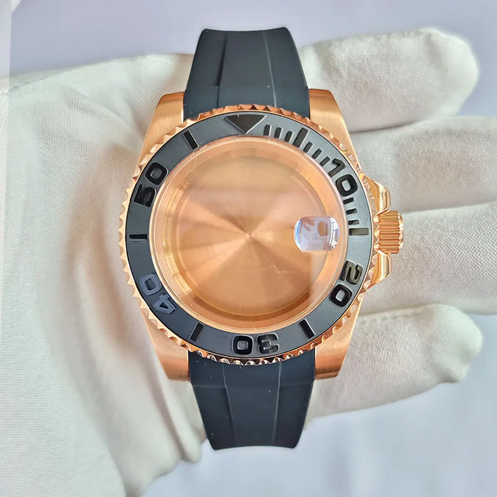 Rose Gold 40mm GMT SUB Watch Case with Silicone Strap and Sapphire Glass