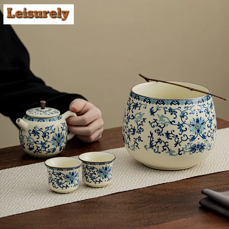 1500ML Ru Kiln Blue And White Ceramic Jianshui Tea Washing Basin Tea Garbage Can Tea Dust Cylinder Barrel Chaxi Bowl Ornaments