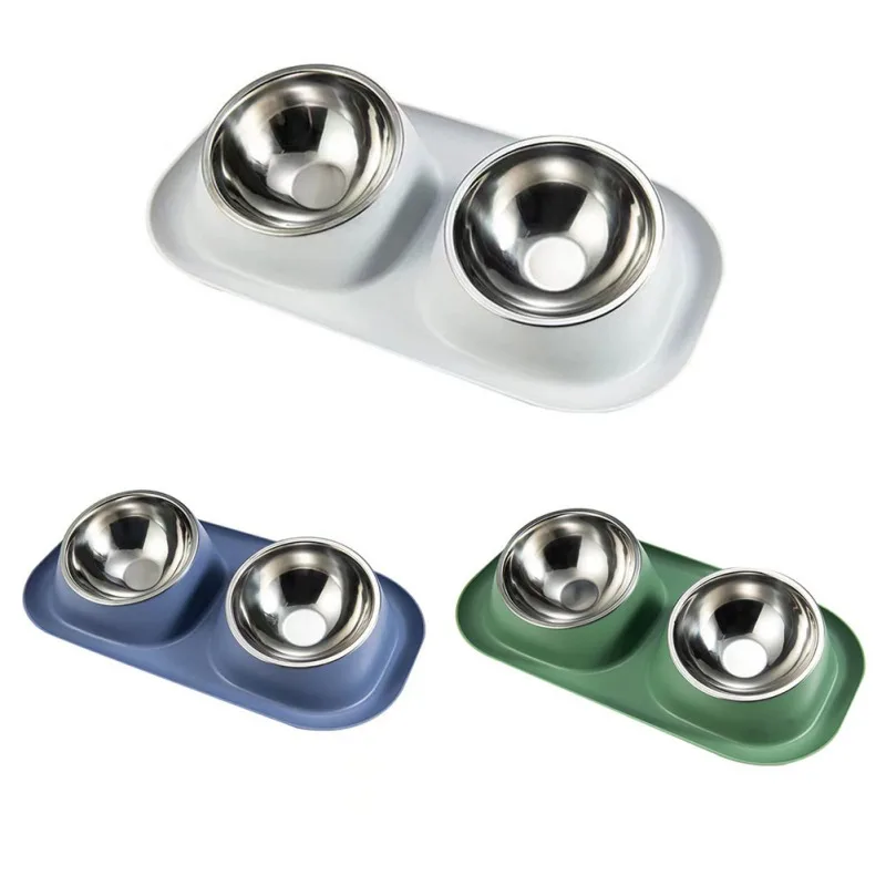 Stainless Steel Double Cat Dog Bowl Cat Food Container Plastic Non-slip Base Pet Water Feeder Tilt Safeguard Neck Puppy Cat Bowl 6