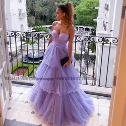 Robe de RhA-ligne élégante avec nœud au dos, bretelles spaghetti, tulle violet, robes d'occasion formelles, robe de soirée de mariage