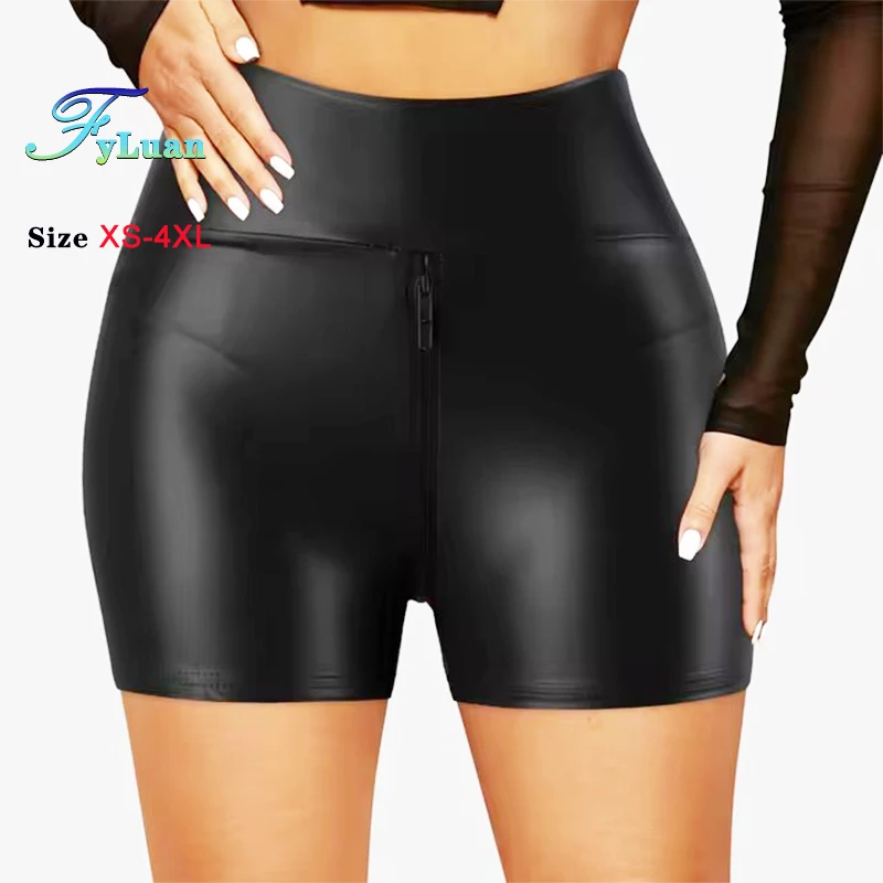 Open Front Double Zipper Women Shorts Butt Lift Slim PU Shorts High Waist Elastic Tights Pants Pole Dance Clubwear Sexy women crotchless shorts